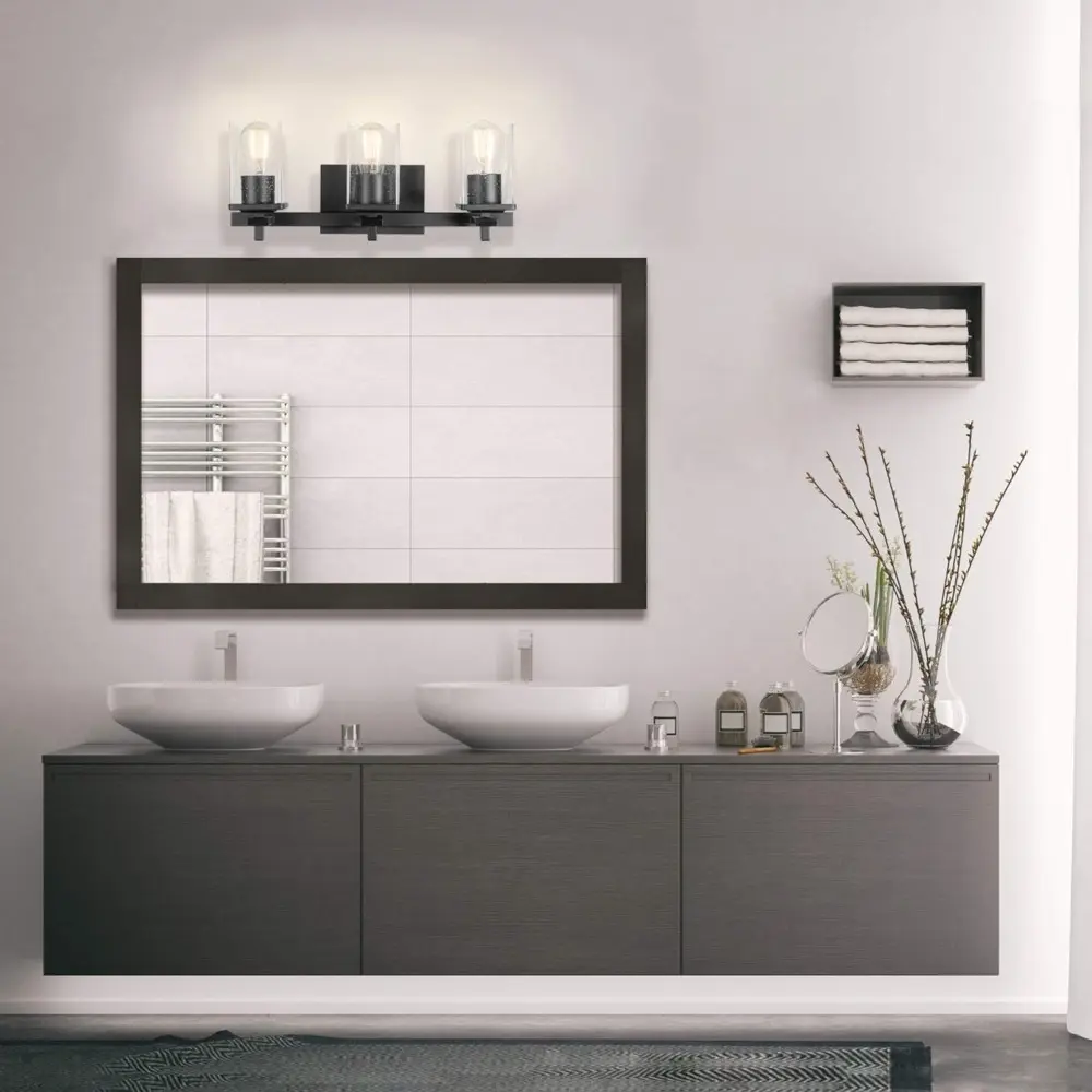 Globe Electric 51634 Dakota 5-Piece All-in-One Bathroom Set 3 Vanity Light with Seeded Glass Shades, Bar, Toilet Paper Holder, T