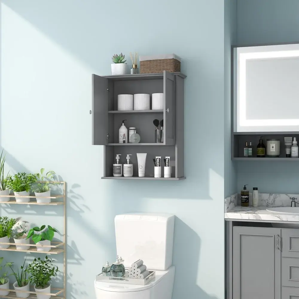 Grey Wall Mounted Bathroom Cabinet 24x30 Inch Wooden Over Toilet Storage Cabinet with 2 Doors, Above Toilet Medicine Cabinets fo