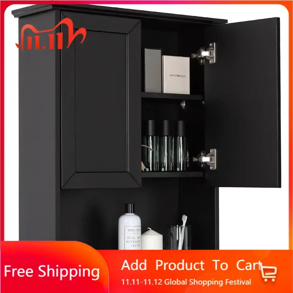 Black Bathroom Cabinet 23x29 inch Wooden Medicine Cabinet with 2 Doors and Adjustable Shelf, Wall Mounted Over Toilet Storage