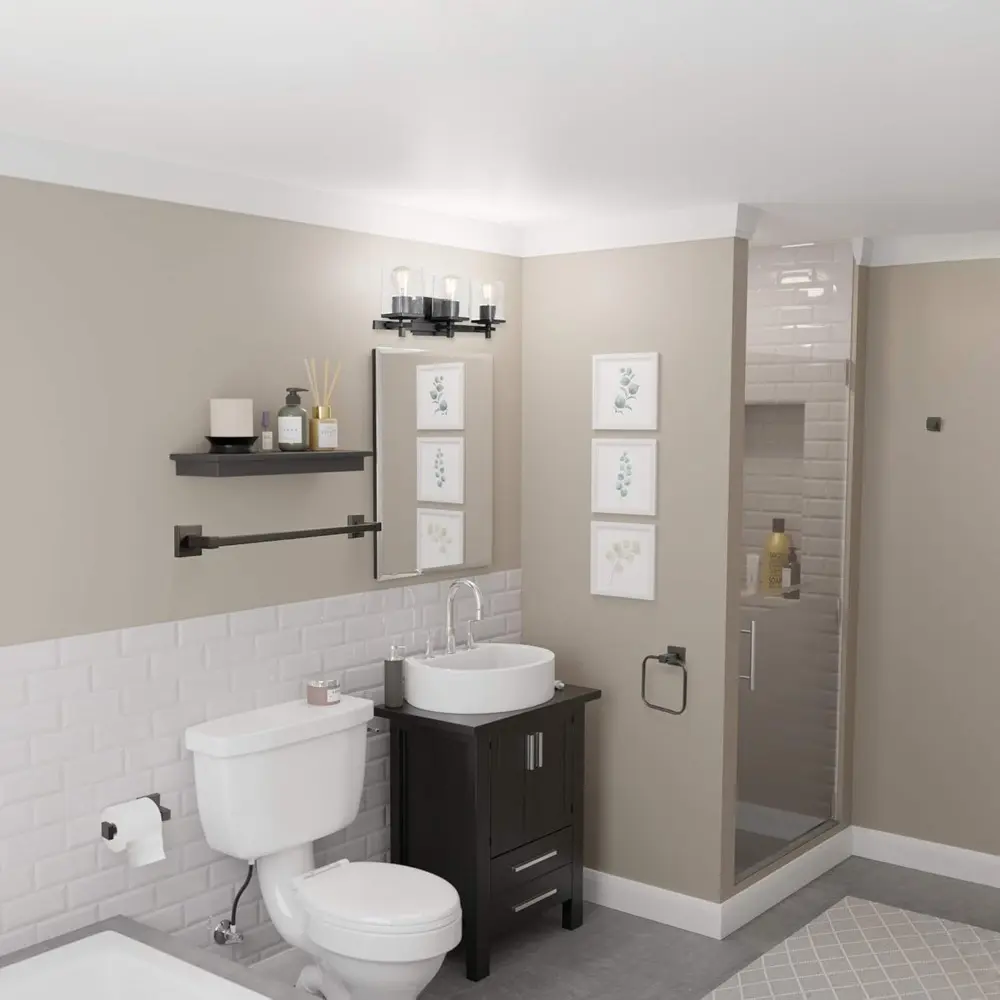 Globe Electric 51634 Dakota 5-Piece All-in-One Bathroom Set 3 Vanity Light with Seeded Glass Shades, Bar, Toilet Paper Holder, T