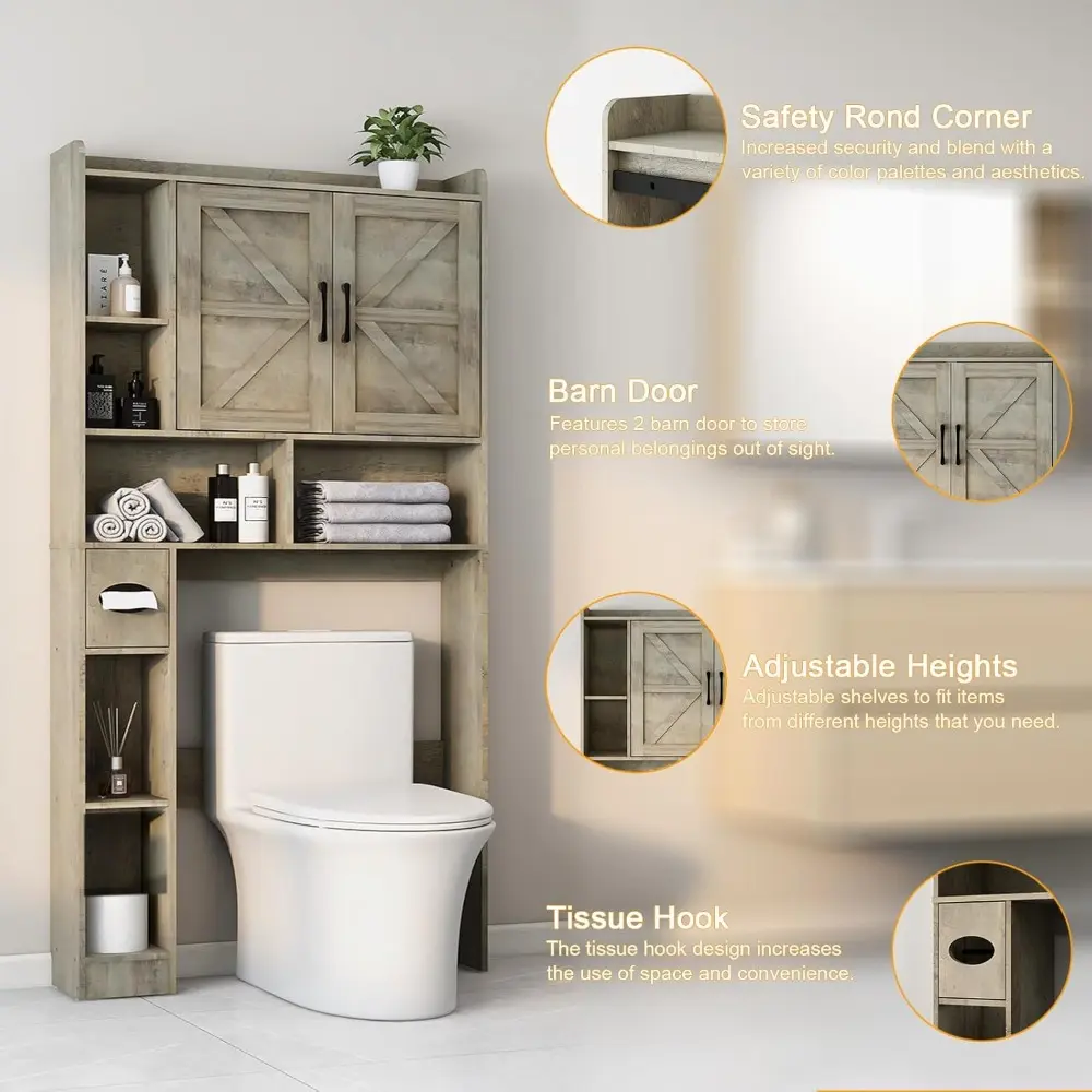 Over The Toilet Storage Cabinet, Farmhouse Storage Cabinet Over Toilet with 2 Barn Door & Toilet Paper Holder Stand，Home Space-S