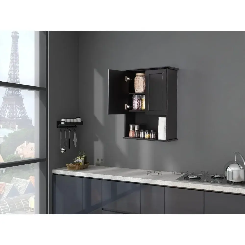 Black Bathroom Cabinet 23x29 inch Wooden Medicine Cabinet with 2 Doors and Adjustable Shelf, Wall Mounted Over Toilet Storage