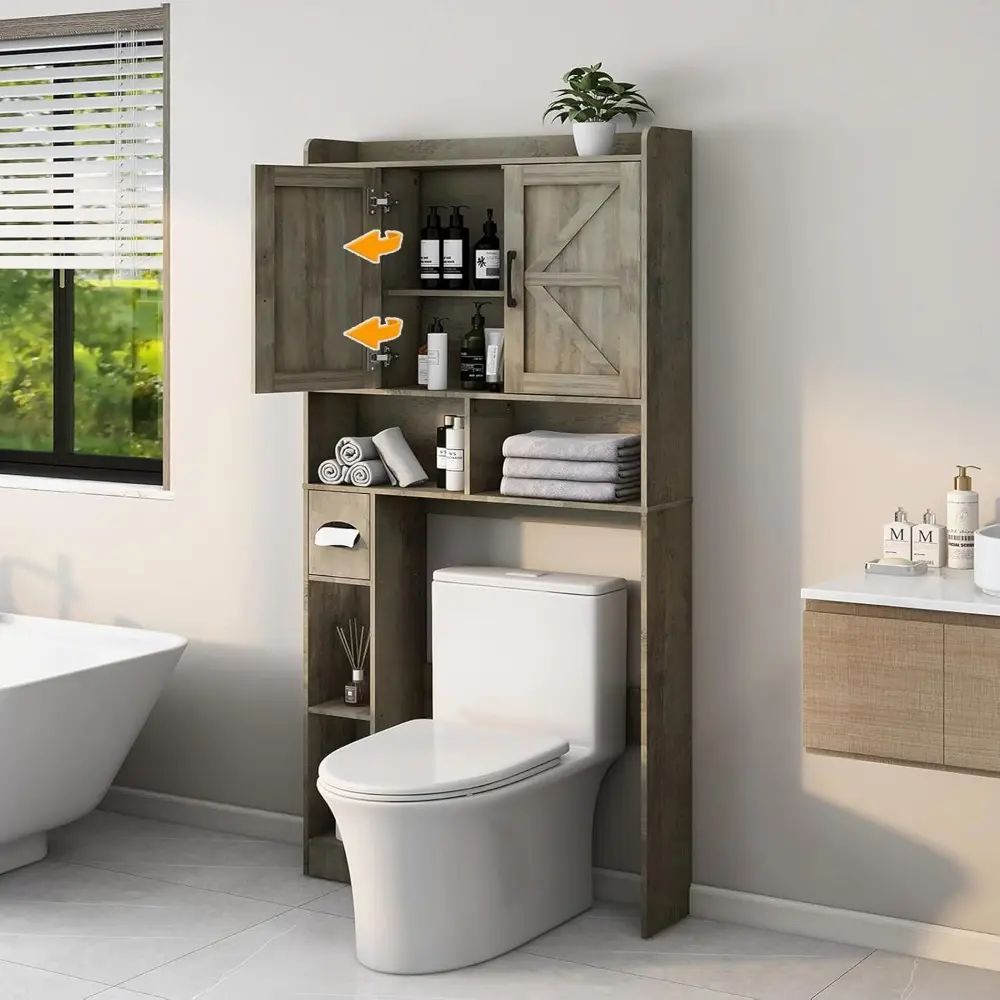 Over The Toilet Storage Cabinet, Farmhouse Storage Cabinet Over Toilet with 2 Barn Door & Toilet Paper Holder Stand，Home Space-S