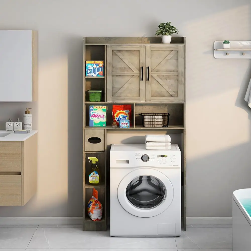 Over The Toilet Storage Cabinet, Farmhouse Storage Cabinet Over Toilet with 2 Barn Door & Toilet Paper Holder Stand，Home Space-S