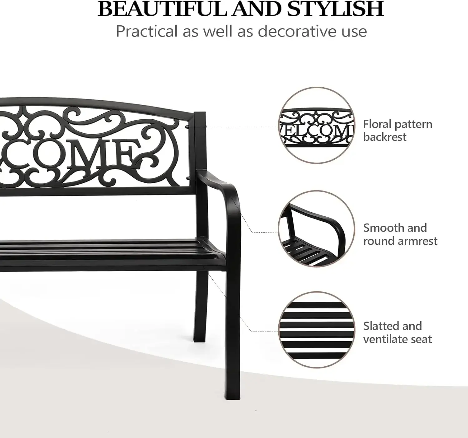 Outdoor Bench for Patio Metal Garden Bench w/PVC Back Pattern, Steel Black Outdoor Bench