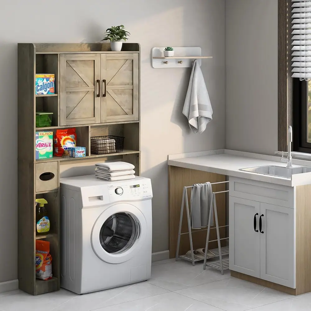 Over The Toilet Storage Cabinet, Farmhouse Storage Cabinet Over Toilet with 2 Barn Door & Toilet Paper Holder Stand，Home Space-S