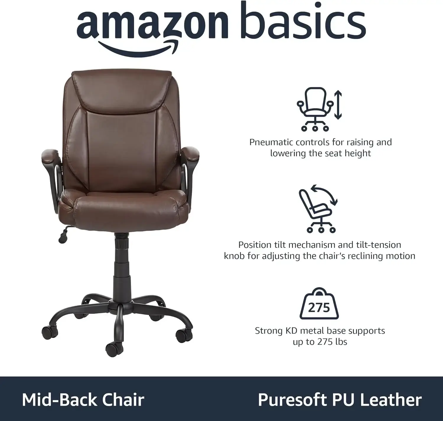 Classic Puresoft PU-Padded Mid-Back Office Computer Desk Chair with Armrest - Brown