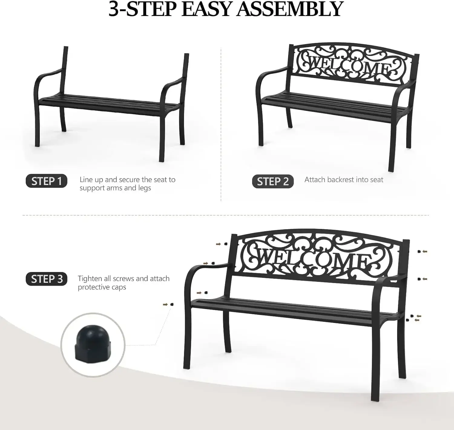 Outdoor Bench for Patio Metal Garden Bench w/PVC Back Pattern, Steel Black Outdoor Bench