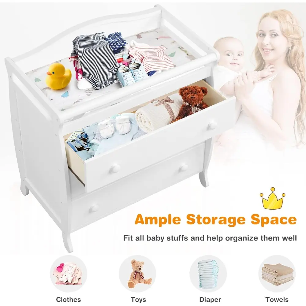 Costzon 3-Drawer Changing Table, Infant Diaper Changing Station with Drawers, Safety Rails & Strap, Baby Changing Table Dresser