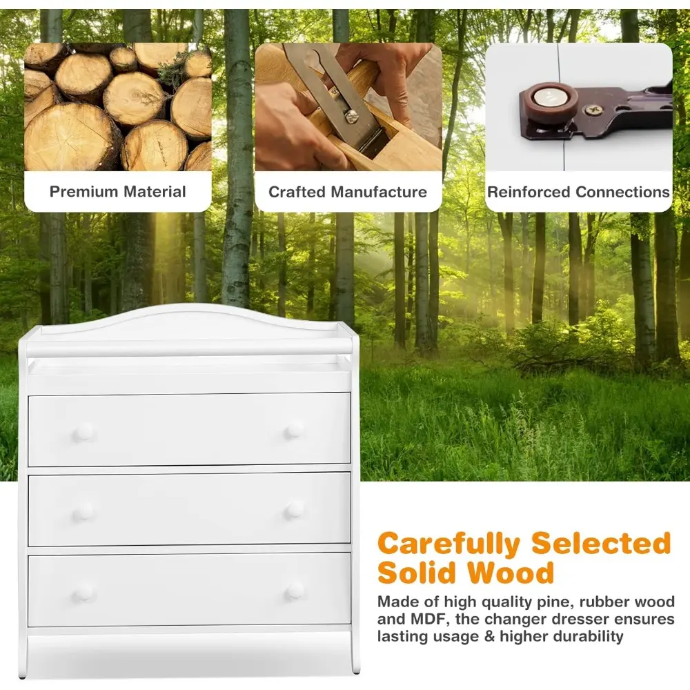 Costzon 3-Drawer Changing Table, Infant Diaper Changing Station with Drawers, Safety Rails & Strap, Baby Changing Table Dresser