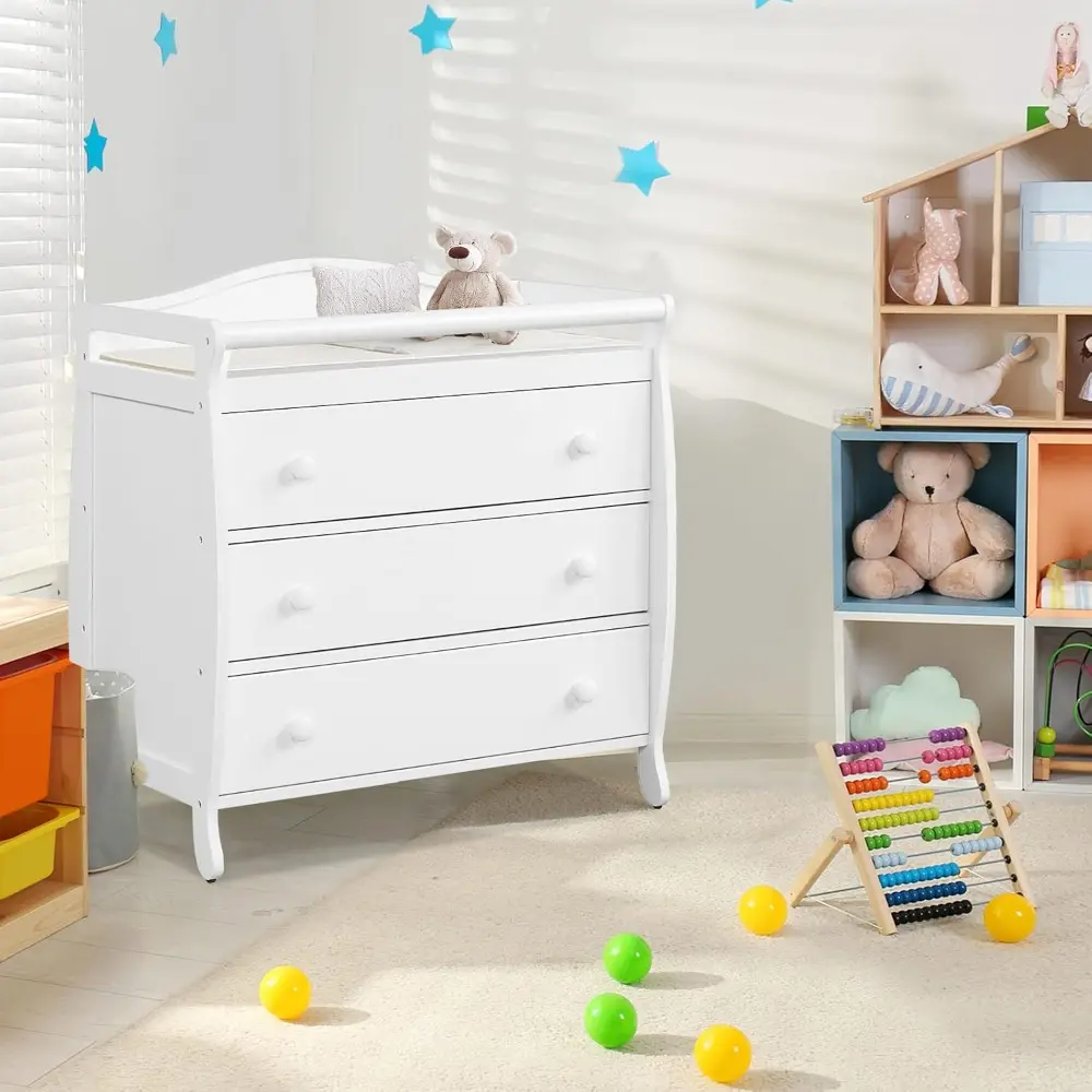 Costzon 3-Drawer Changing Table, Infant Diaper Changing Station with Drawers, Safety Rails & Strap, Baby Changing Table Dresser