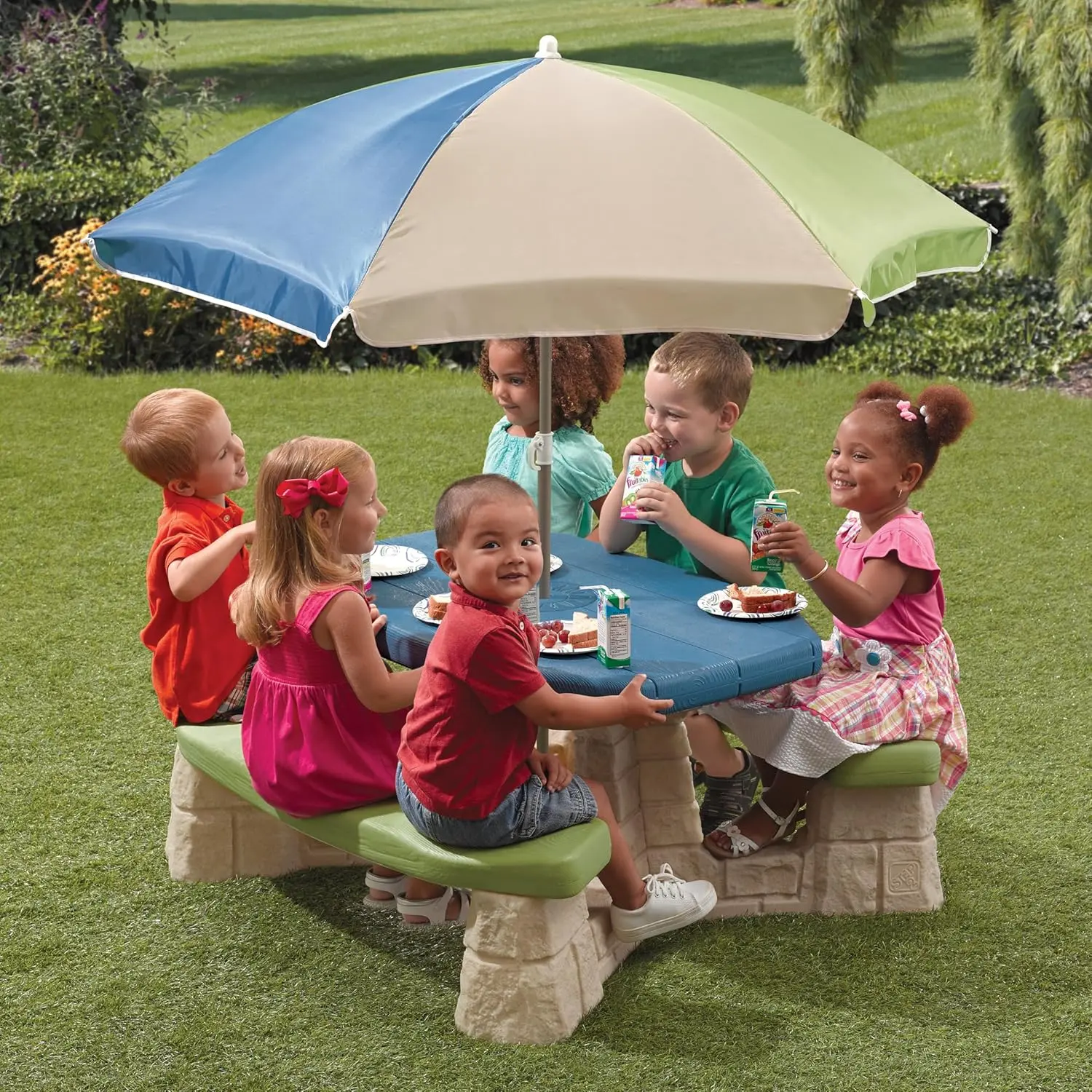 Naturally Playful Kids Picnic Table with Removable Umbrella, Indoor/Outdoor Toys, Fits 6 Children, Made of Durable Plastic,