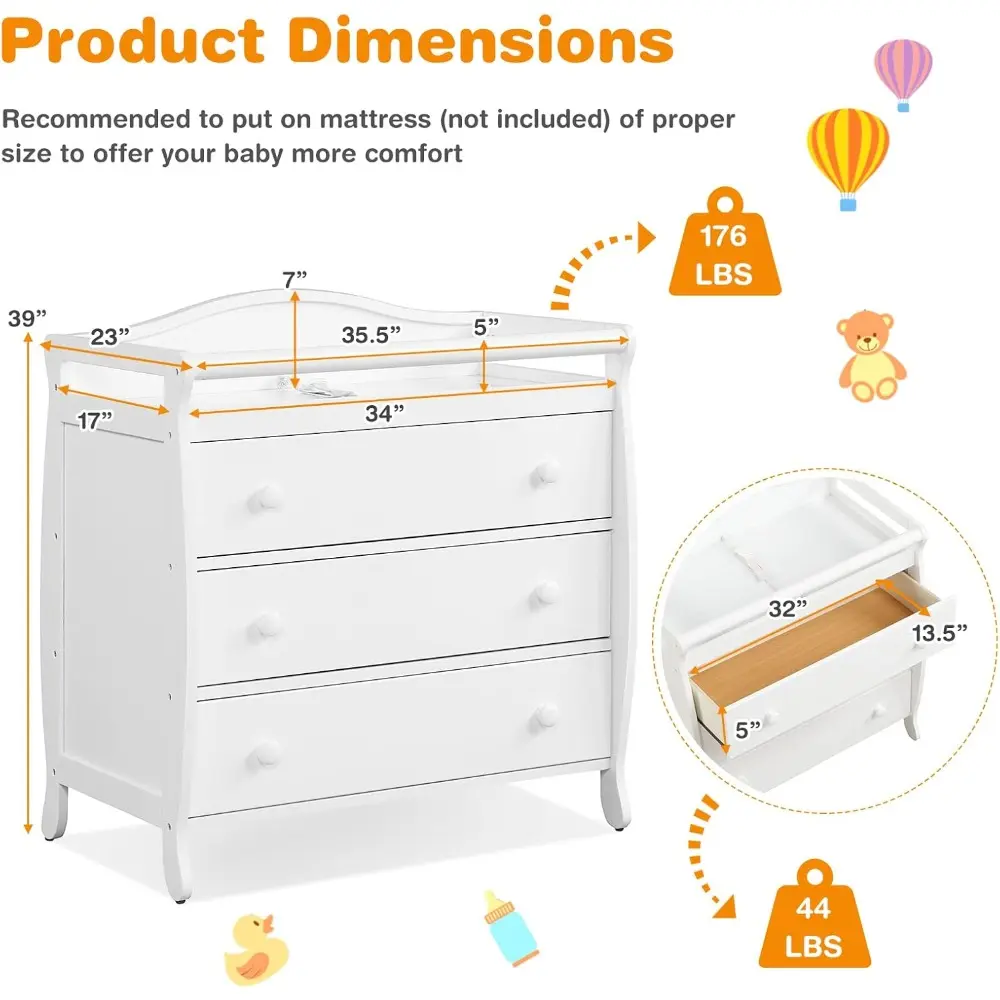 Costzon 3-Drawer Changing Table, Infant Diaper Changing Station with Drawers, Safety Rails & Strap, Baby Changing Table Dresser
