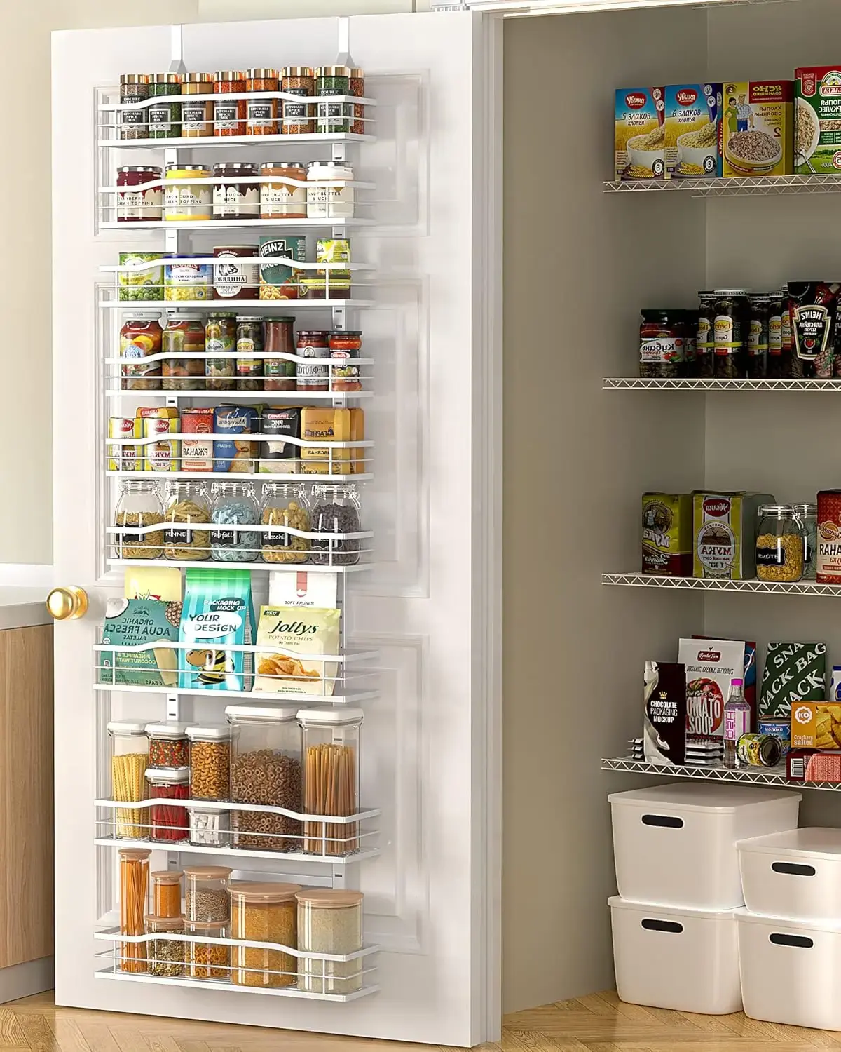 White 9-Tier Over The Door Pantry Organizer, Pantry Organization And Storage, Metal Hanging Spice Rack Shelves Door