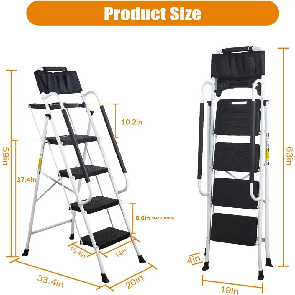 4 Step Ladder with Handrails (Include Tool Tray+Bag) 330lbs Capacity