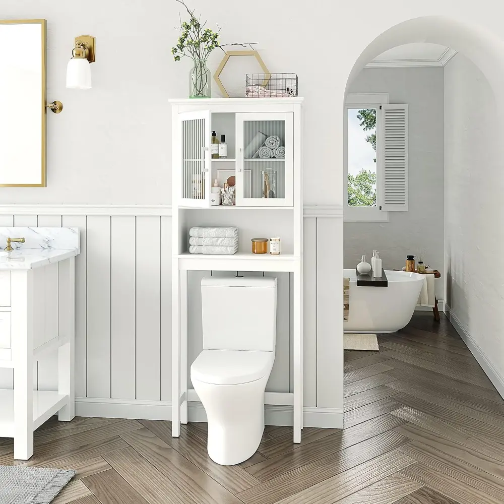 Over The Toilet Cabinet for Bathroom Storage, Above Toilet Storage Cabinet with Moru Tempered Glass Doors, White