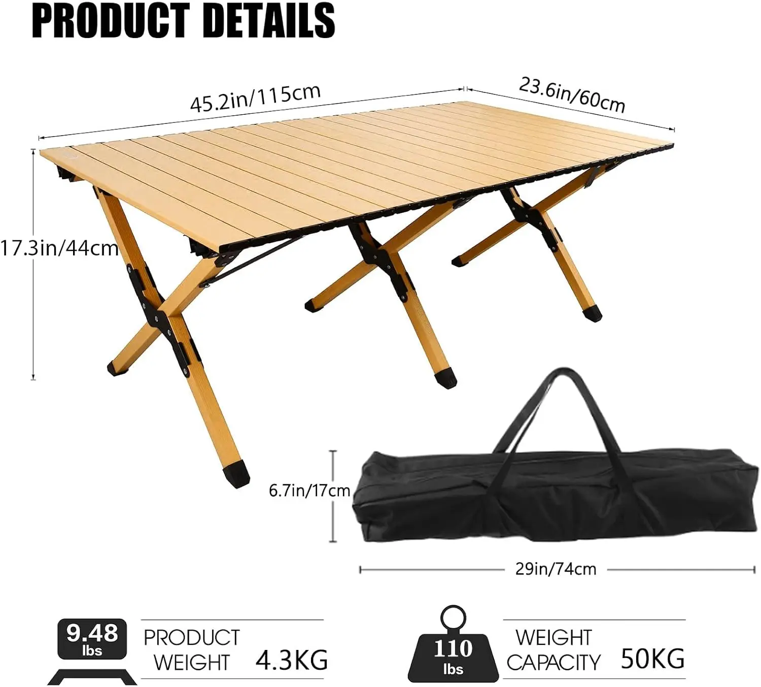 Folding Camping Table, Lightweight Roll-Up Table AluminumLow Portable Picnic Table withCarrying Bag for Outdoor, Beach, Picnic,