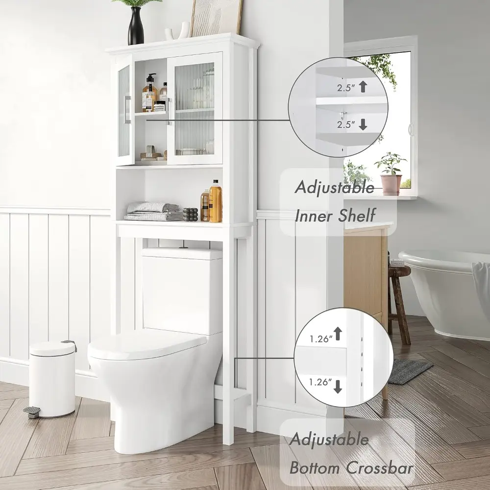 Over The Toilet Cabinet for Bathroom Storage, Above Toilet Storage Cabinet with Moru Tempered Glass Doors, White