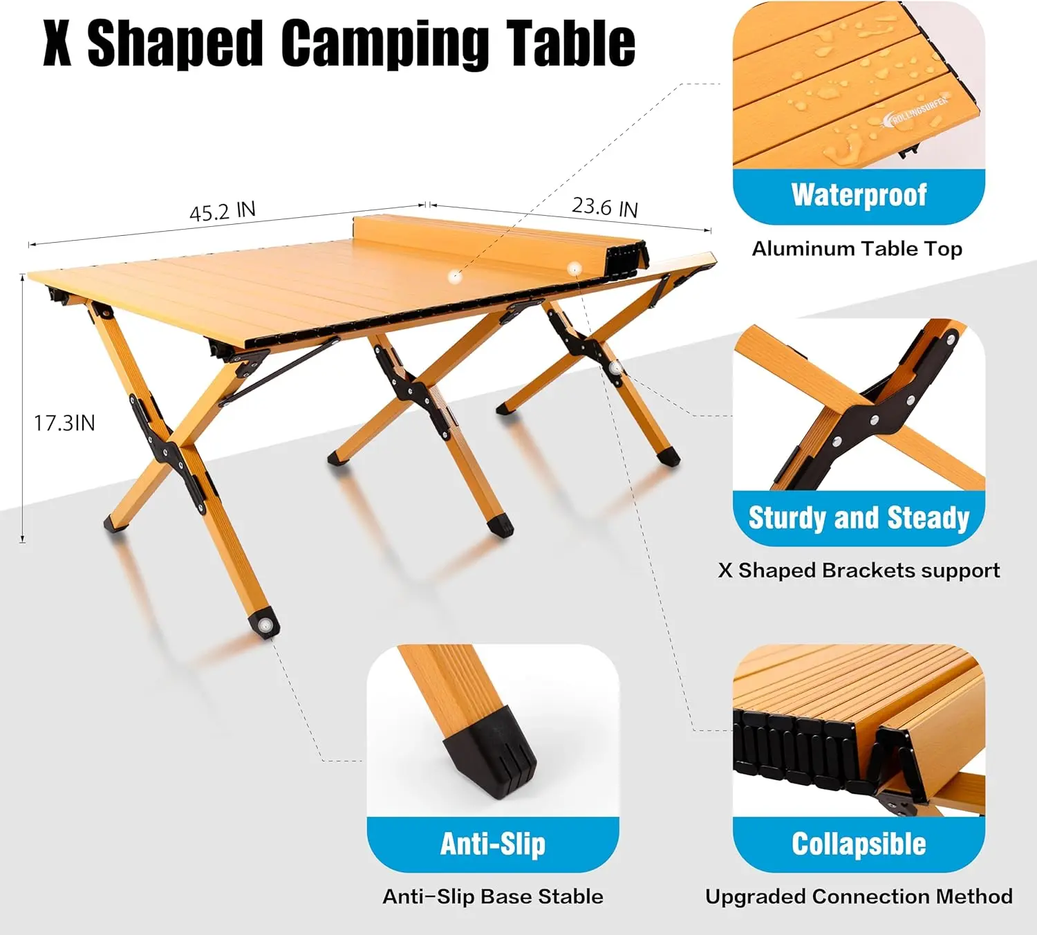 Folding Camping Table, Lightweight Roll-Up Table AluminumLow Portable Picnic Table withCarrying Bag for Outdoor, Beach, Picnic,