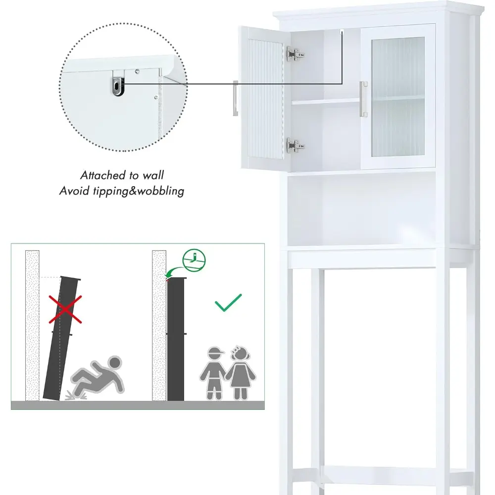 Over The Toilet Cabinet for Bathroom Storage, Above Toilet Storage Cabinet with Moru Tempered Glass Doors, White