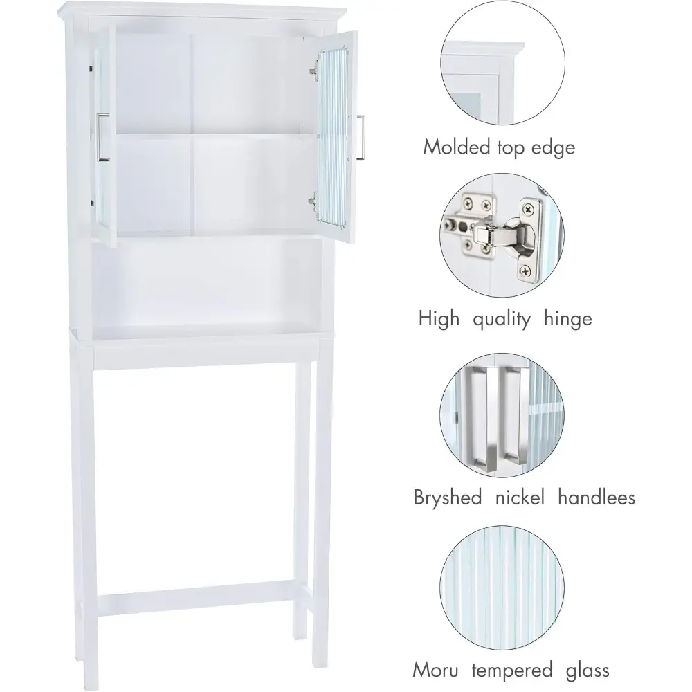 Over The Toilet Cabinet for Bathroom Storage, Above Toilet Storage Cabinet with Moru Tempered Glass Doors, White