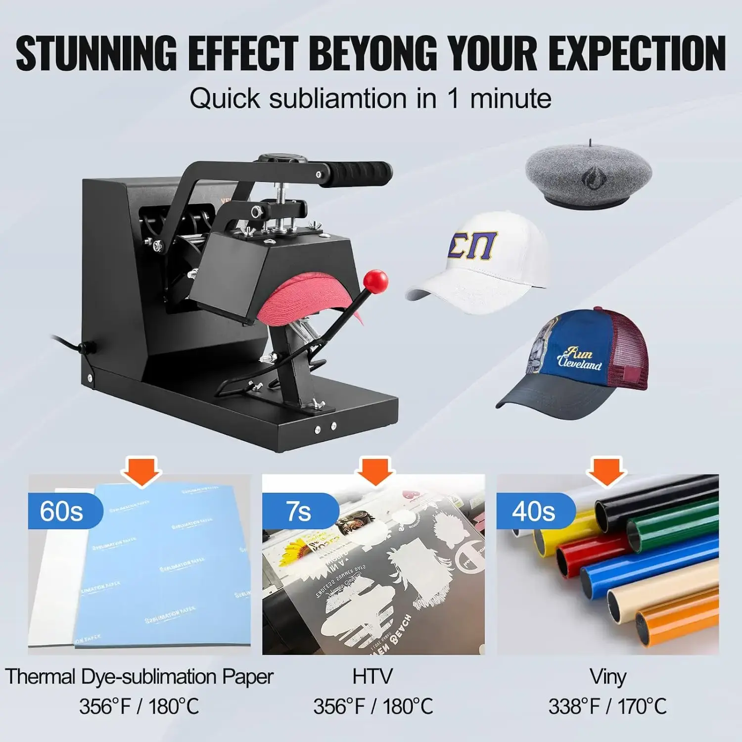 Hat Heat Press, 4-in-1 Cap Heat Press Machine, 6x3inches Clamshell Sublimation Transfer