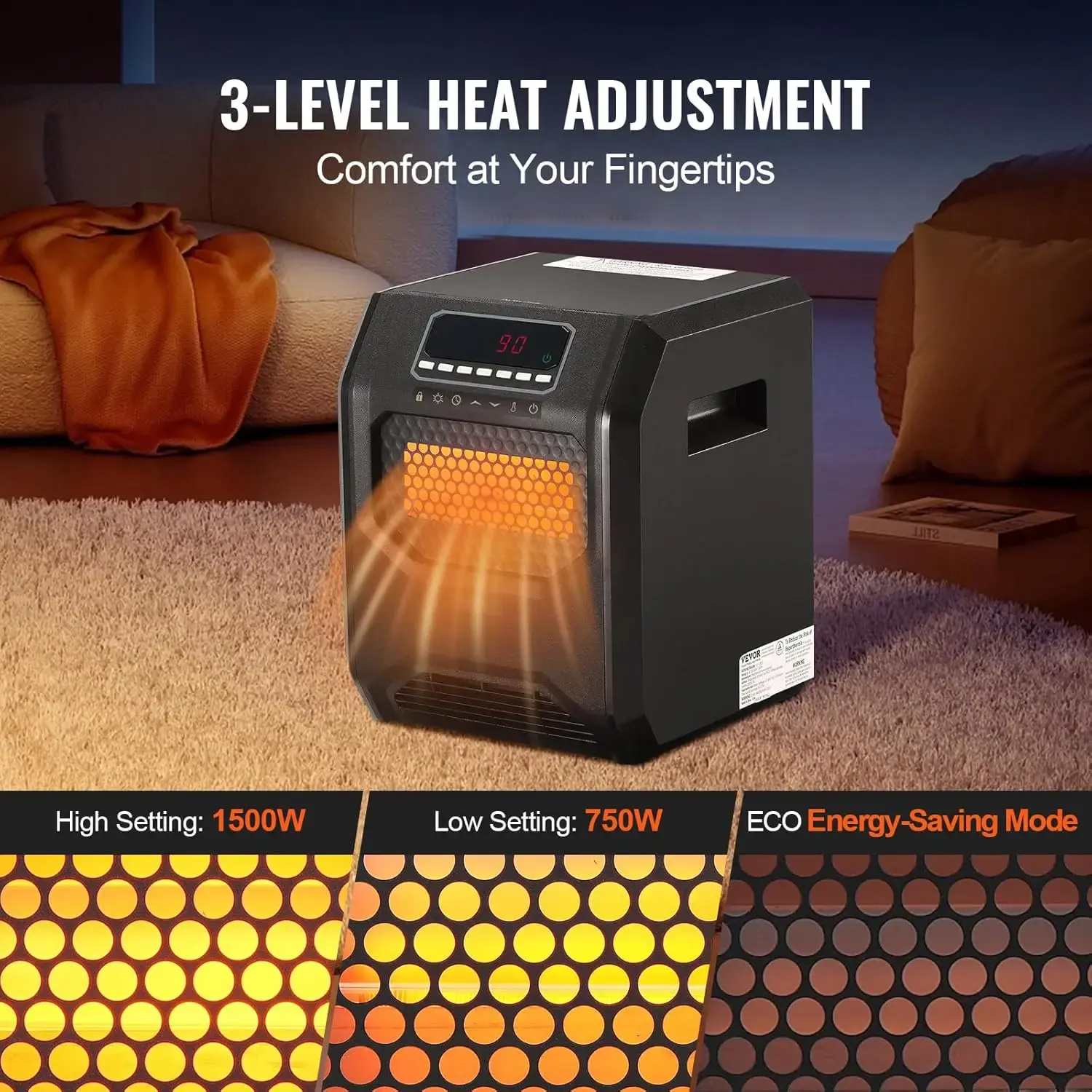 Infrared Heater, 1500W Remote Control Electric Space Heater, LED Patio Heater w/ 3 Speeds & Timer