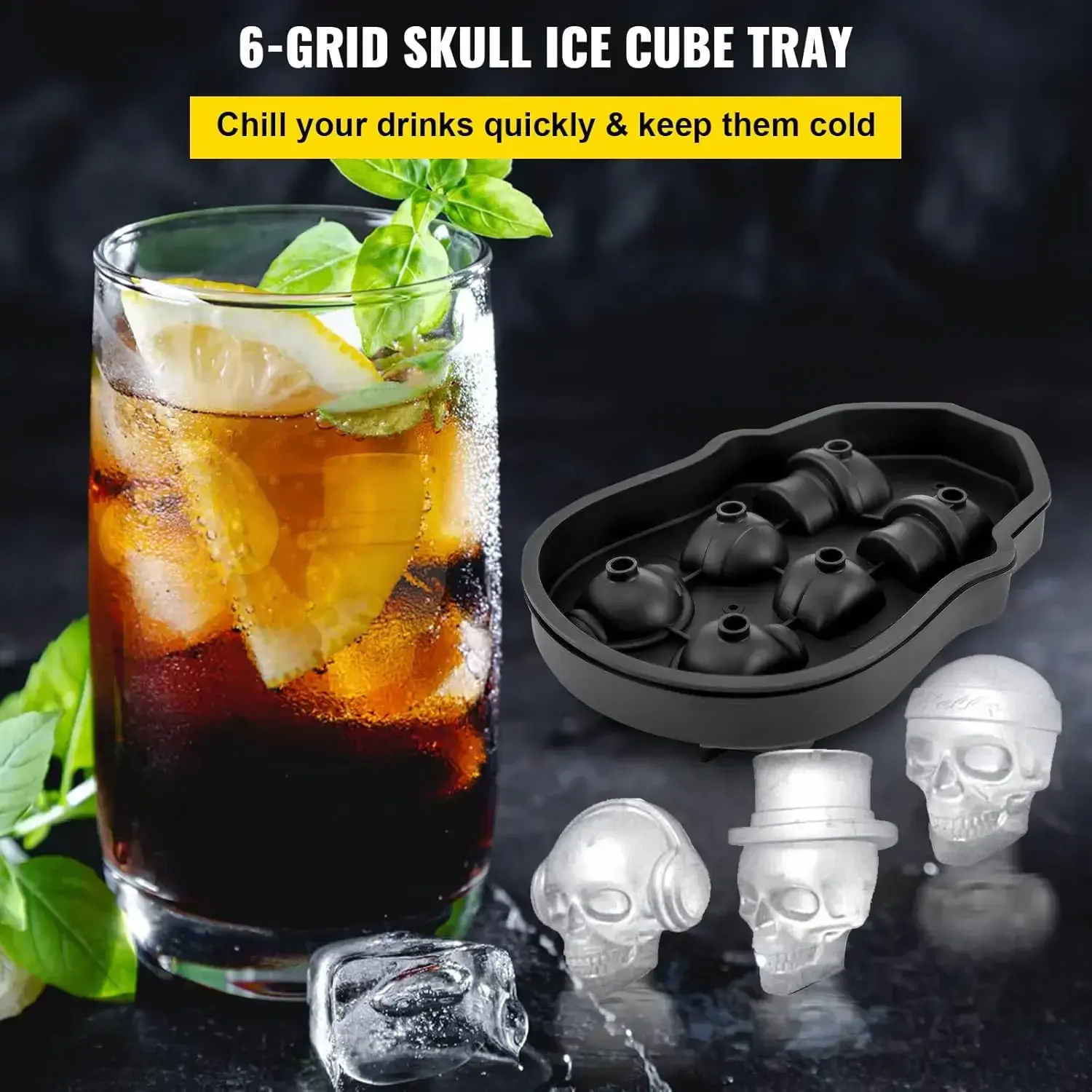 Skull Ice Cube Tray, 6-Grid Skull Ice Ball Maker, Flexible Black Silicone  Tray with Lid & Funnel, Skull Cubes