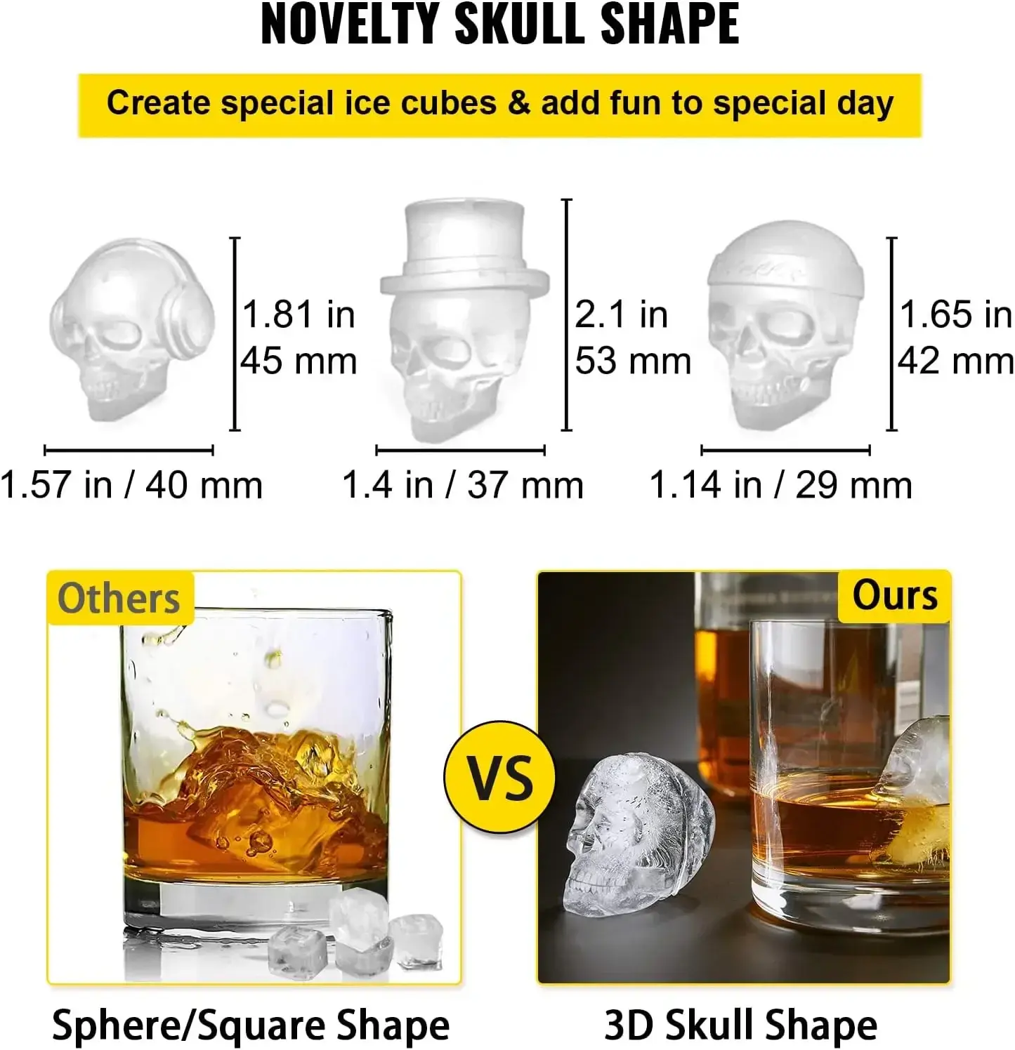Skull Ice Cube Tray, 6-Grid Skull Ice Ball Maker, Flexible Black Silicone  Tray with Lid & Funnel, Skull Cubes