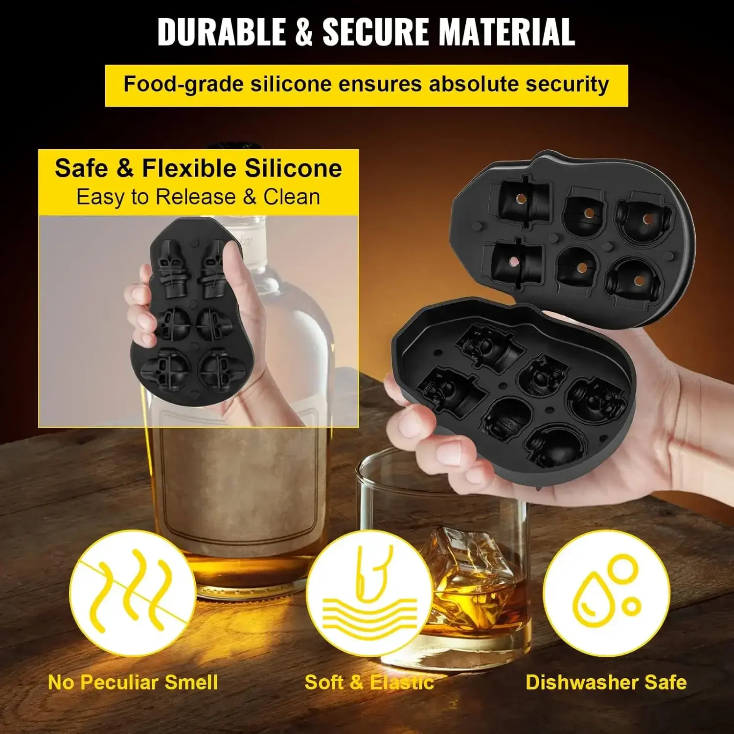 Skull Ice Cube Tray, 6-Grid Skull Ice Ball Maker, Flexible Black Silicone  Tray with Lid & Funnel, Skull Cubes
