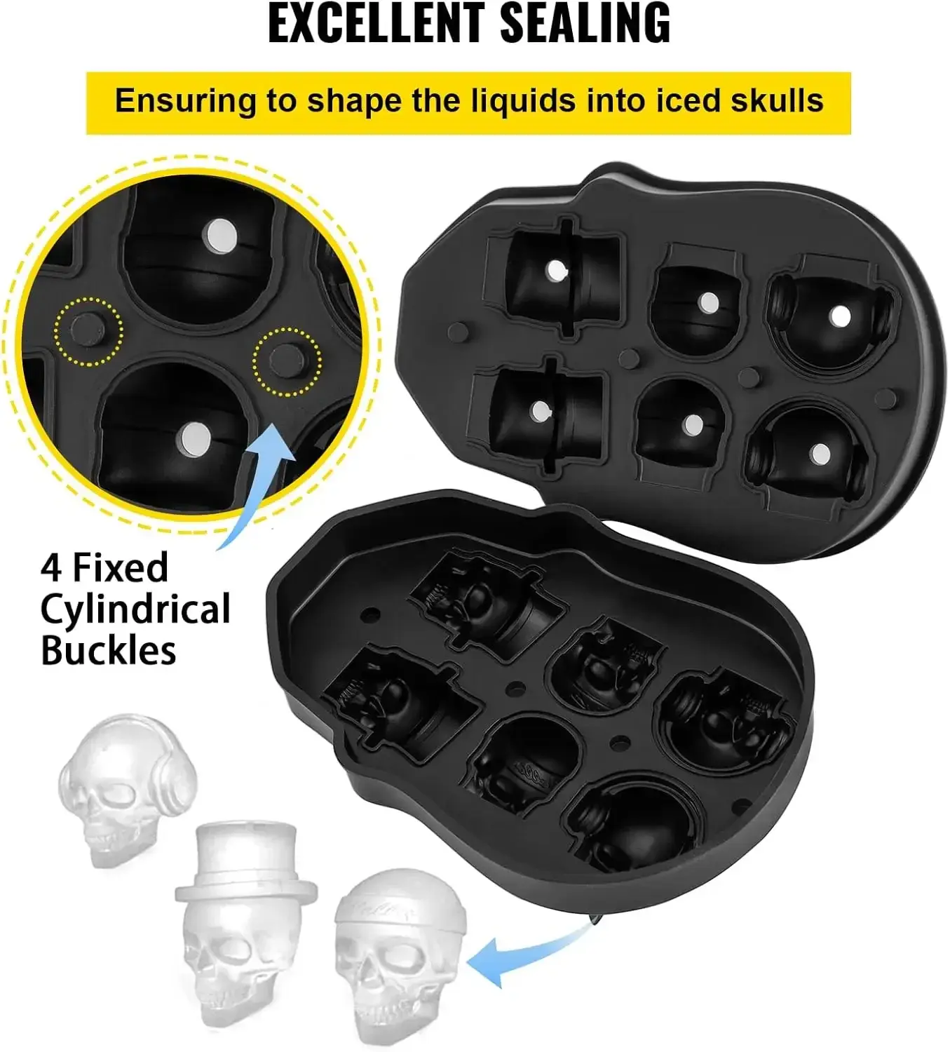 Skull Ice Cube Tray, 6-Grid Skull Ice Ball Maker, Flexible Black Silicone  Tray with Lid & Funnel, Skull Cubes