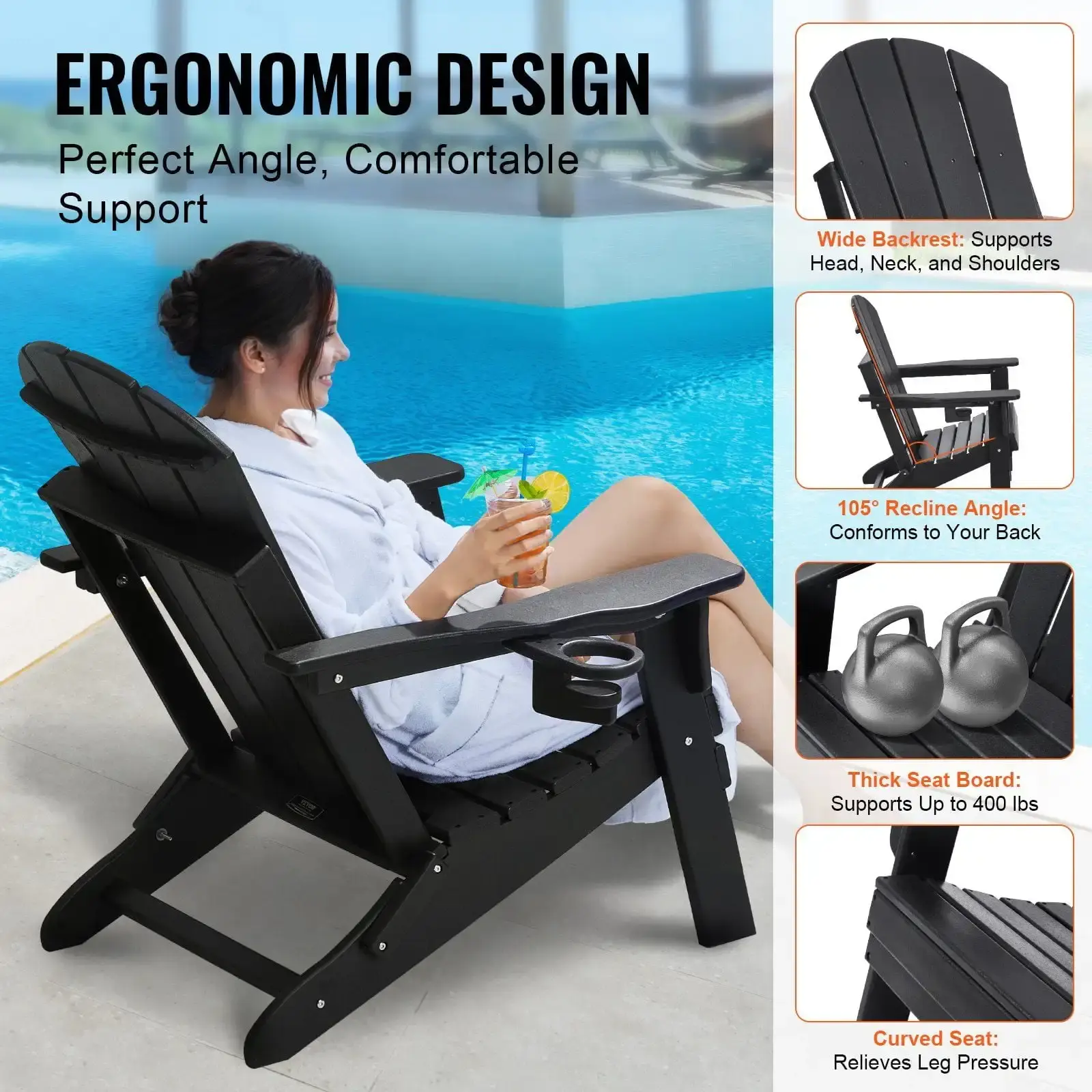 Adirondack Chair Plastic Set of 2 All-Weather Folding Fire Pit Black