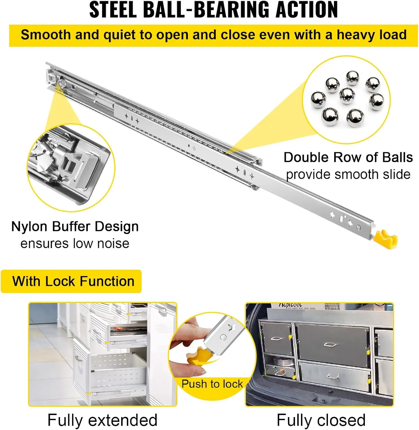 Drawer Slides 24inch, 1 Pair Locking Drawer Slides 250lbs Load Capacity, Side Mount Ball Bearing, 3-Fold Full Extension
