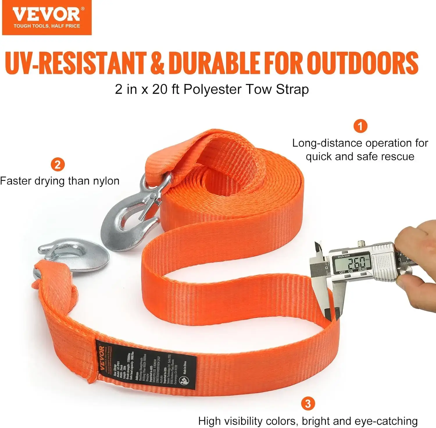 ATV Car Tow Strap with Hooks 2" x20' 17000 lbs, Tow Straps with Safety Hooks, Car Heavy Duty Recovery Rope