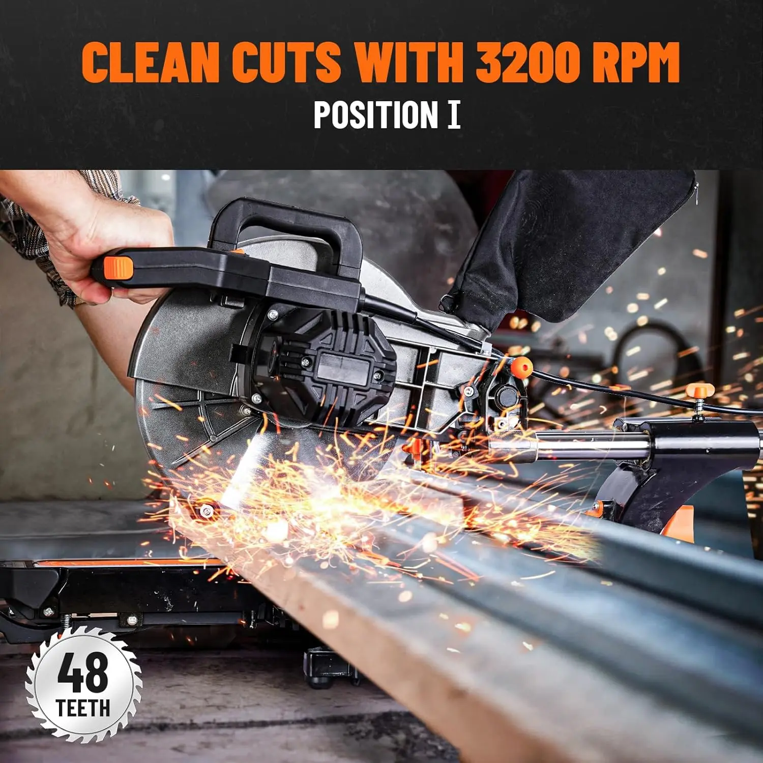 10in Sliding Miter Saw, Multi-use w/ 3 Blades, 15A Miter Saw, 4500/3200RPM, Ambidextrous Use, 0-45° Bevel Laser Cut