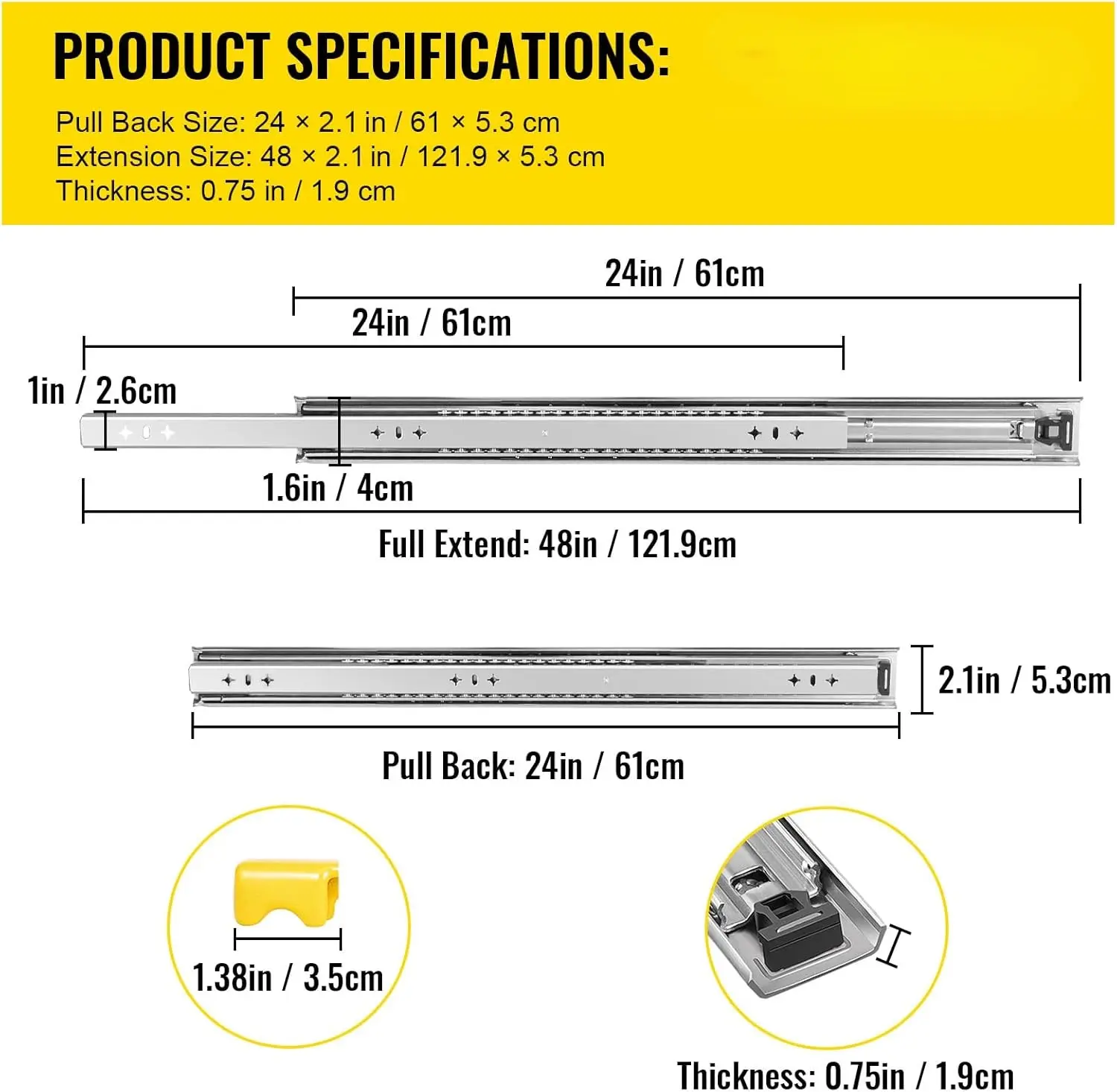 Drawer Slides 24inch, 1 Pair Locking Drawer Slides 250lbs Load Capacity, Side Mount Ball Bearing, 3-Fold Full Extension