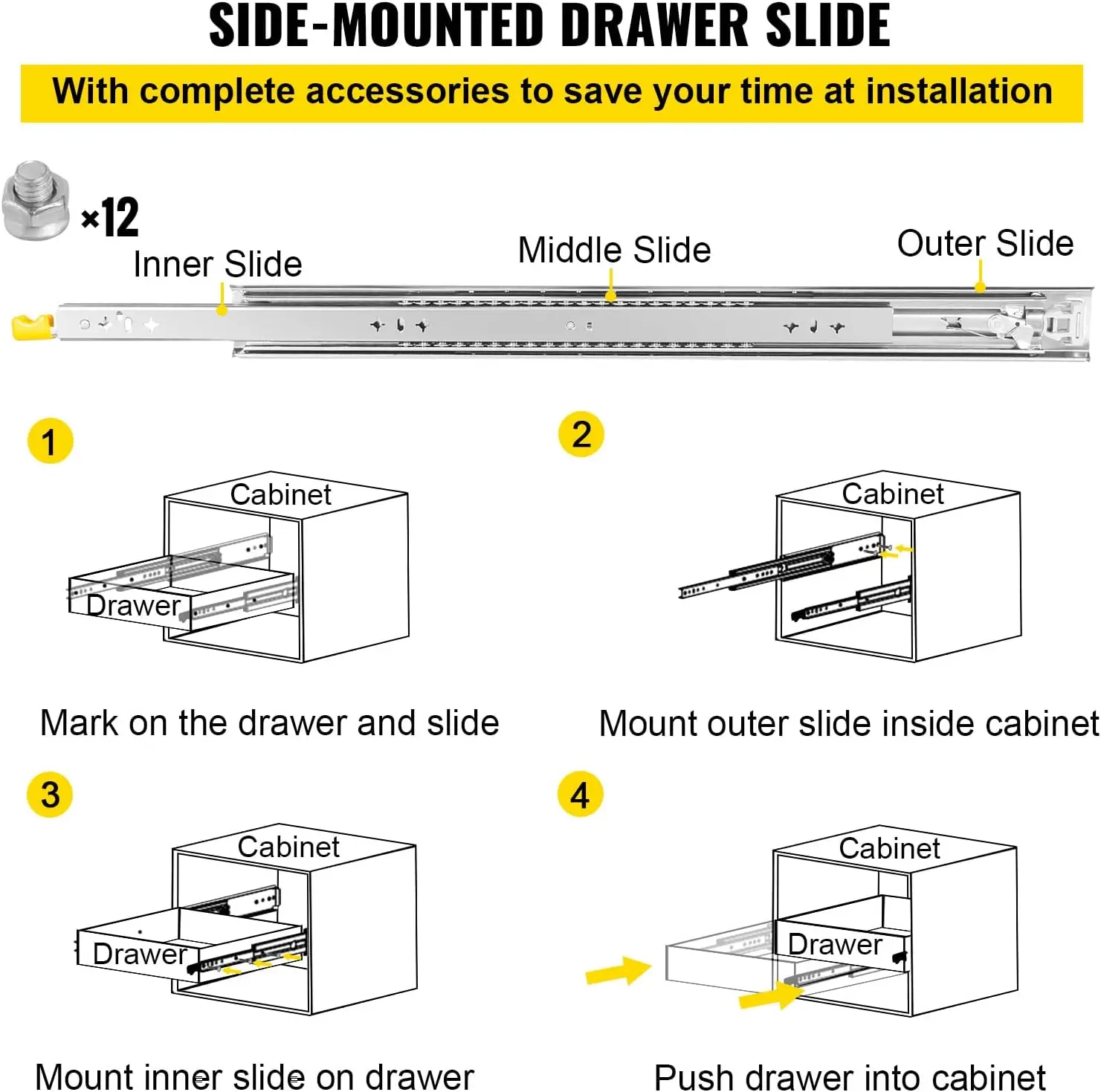 Drawer Slides 24inch, 1 Pair Locking Drawer Slides 250lbs Load Capacity, Side Mount Ball Bearing, 3-Fold Full Extension