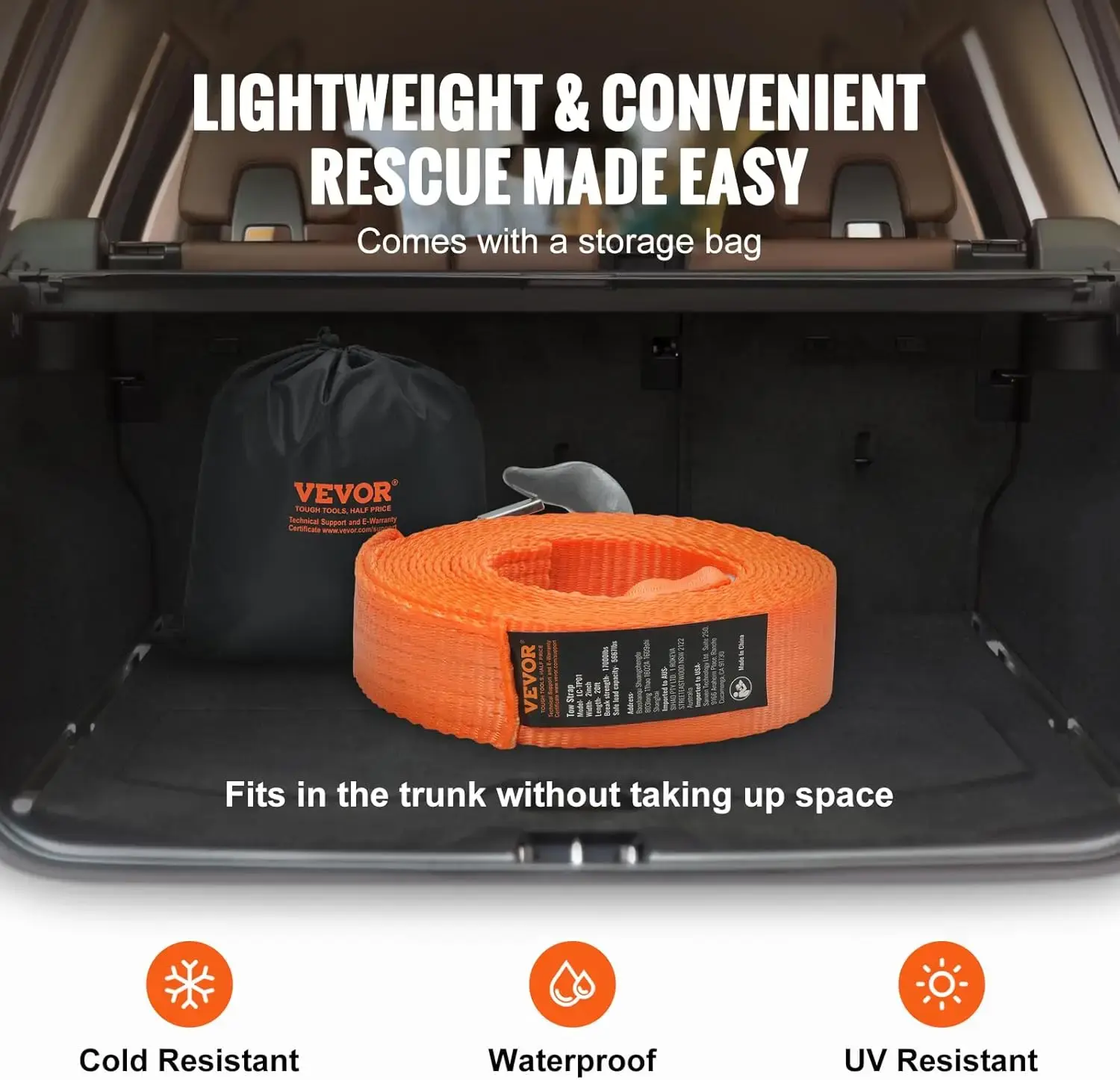 ATV Car Tow Strap with Hooks 2" x20' 17000 lbs, Tow Straps with Safety Hooks, Car Heavy Duty Recovery Rope