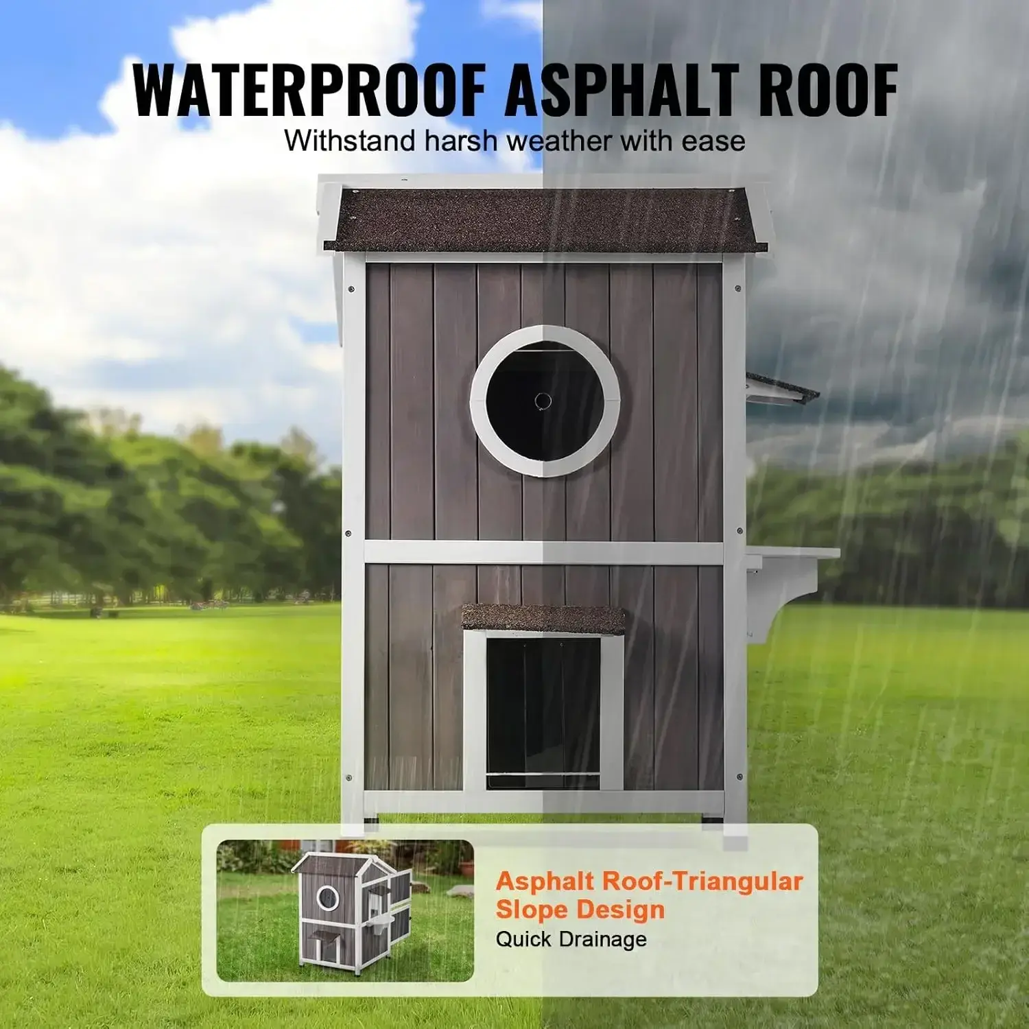 Outdoor Cat House Weatherproof, Feral Cat Shelter for Multiple Cats, 2-Story Large Outdoor Wooden Cat House with Doors