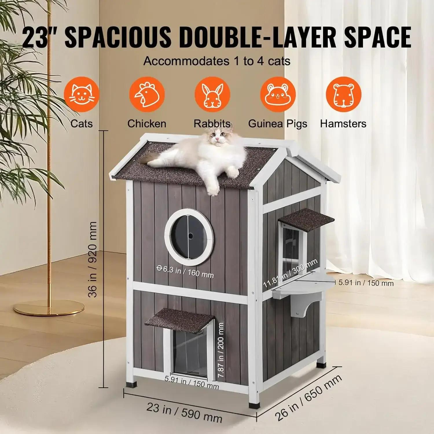 Outdoor Cat House Weatherproof, Feral Cat Shelter for Multiple Cats, 2-Story Large Outdoor Wooden Cat House with Doors
