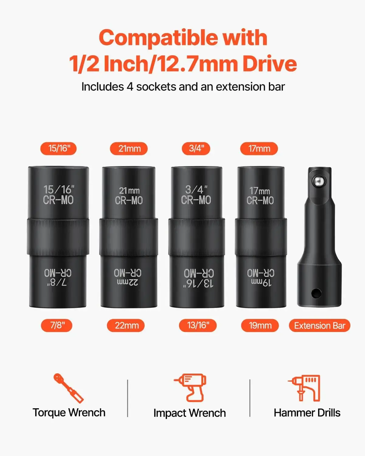 Lug Nut Impact Socket Set - 4 Lug Nut Sizes 1/2 inch Drive Metric and SAE 6-Point Flip Socket CR-MO Steel Wheel Socket Set