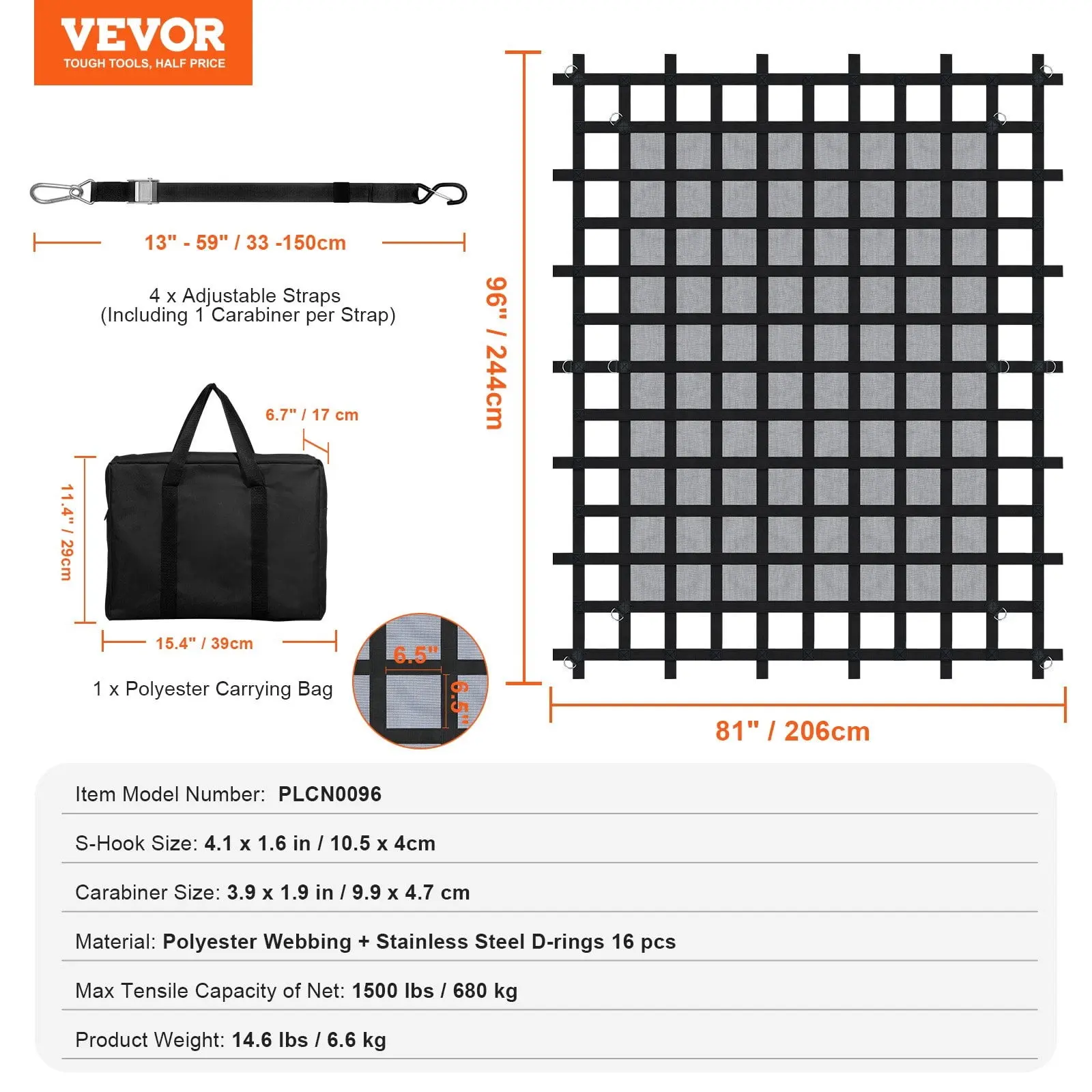Cargo Net Heavy Duty Cargo Net 96" x 81" Adjustable Buckles  S-Hooks