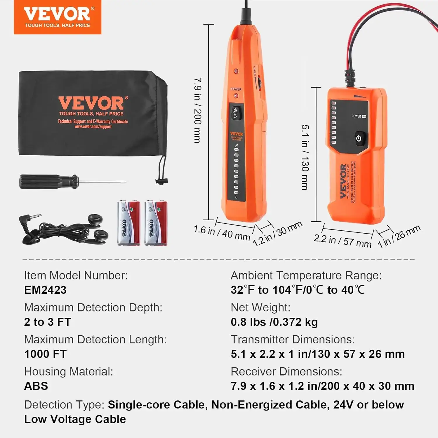 Underground Cable Locator, 3 FT Max. Detection Depth, Wire Tracer Break Detector Finder, 1000 FT Max. Detection Length