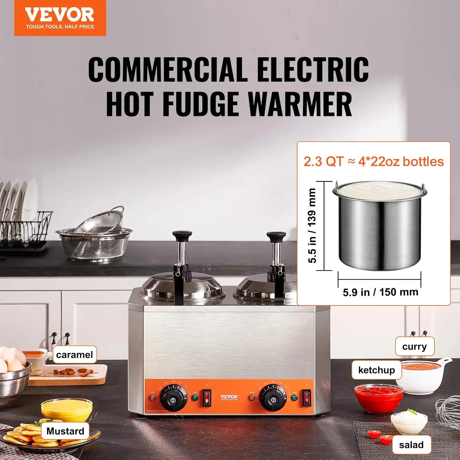 Electric Cheese Dispenser with Pumps, 2.3x2 Qt Commercial Hot Fudge Warmer, Stainless Steel Heated Double Pumps Dispenser