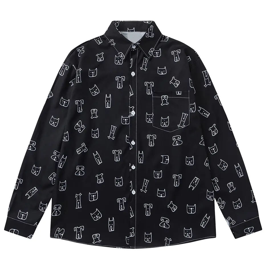 Cartoon Dog Graphic Shirts Japanese Harajuku Long SLeeve Shirts Button Up Blouse Streetwear Hip Hop Oversized Shirts