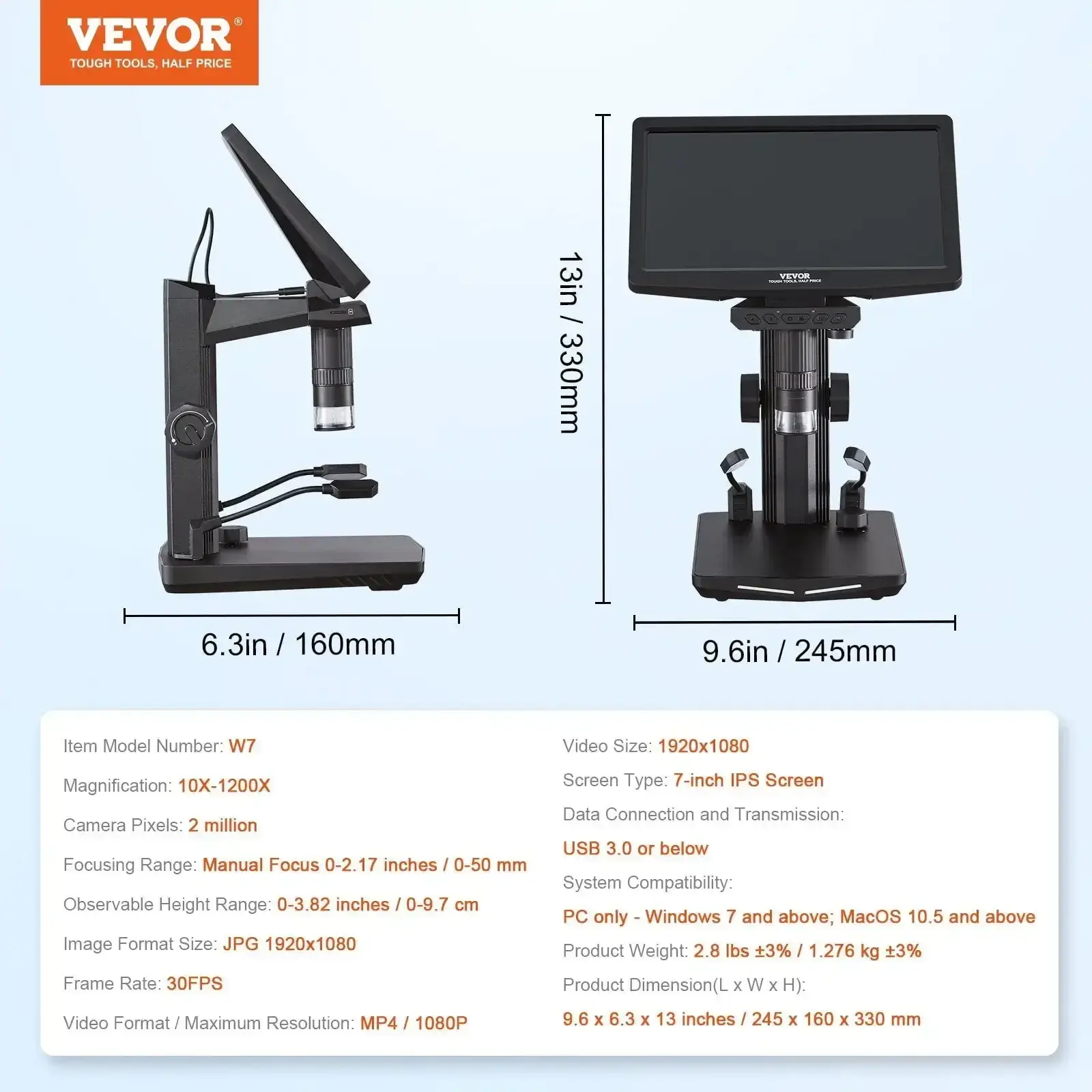 7" HDMI LCD Digital Microscope, Soldering Electron Microscope 1200X with IPS Screen, 8 LED Lights, 2 Flexible Side Lights