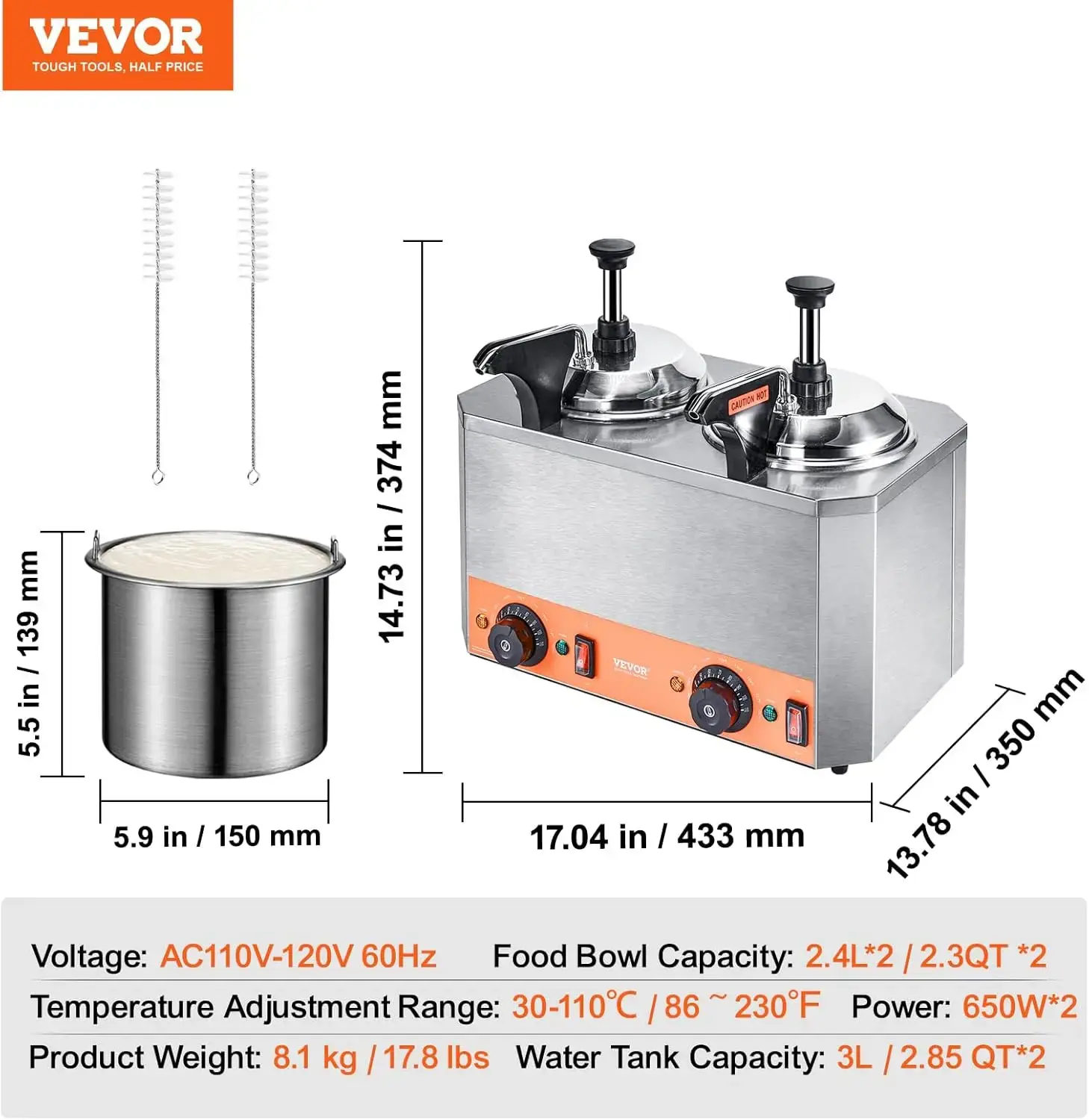 Electric Cheese Dispenser with Pumps, 2.3x2 Qt Commercial Hot Fudge Warmer, Stainless Steel Heated Double Pumps Dispenser