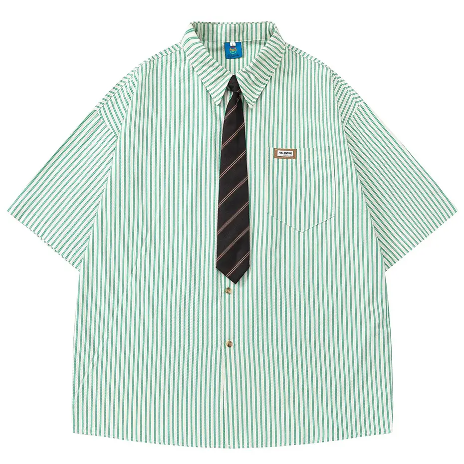 Japanese Harajuku Vintage Shirts Varsity Style Shirts with Necktie Loose Casual Short Sleeve Button Up Blouse Y2K Shirts