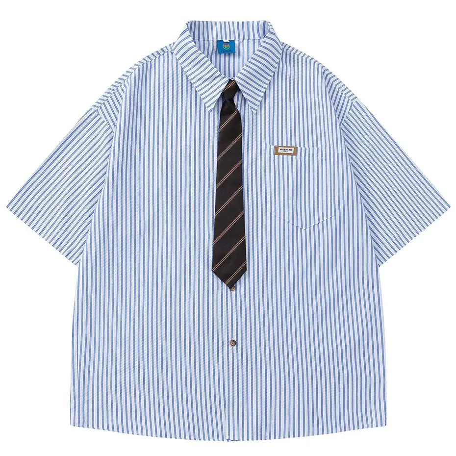 Japanese Harajuku Vintage Shirts Varsity Style Shirts with Necktie Loose Casual Short Sleeve Button Up Blouse Y2K Shirts