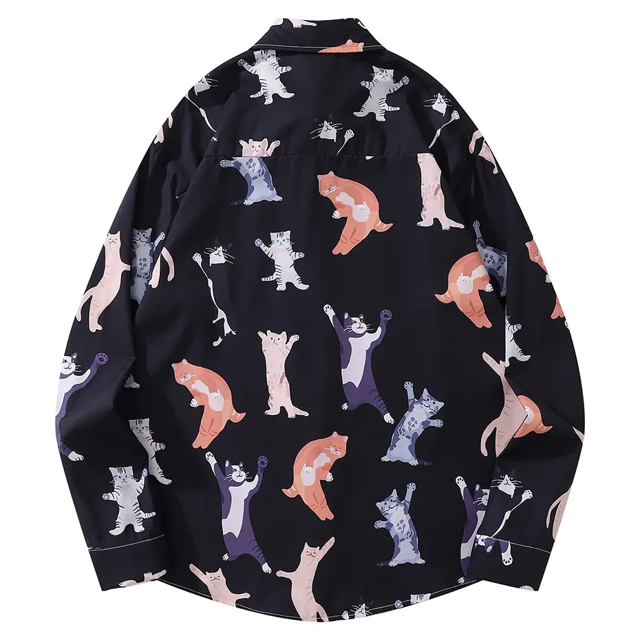 Funny Cats Printed Shirts Japan Style Men's Loose Long Sleeve Shirts Casual Button Up Blouse